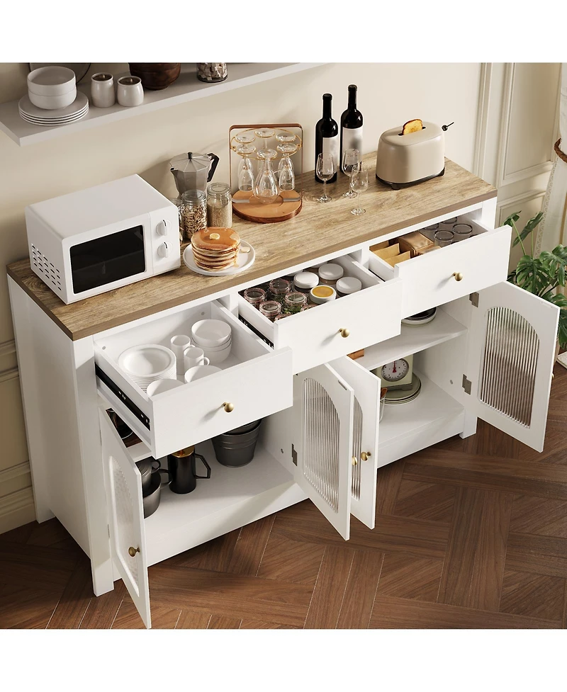 homfan Farmhouse Sideboard Buffet Cabinet with Fluted Acrylic/Glass Doors, Shelves, Multi-Drawer Storage for Kitchen, Entryway or Media Console
