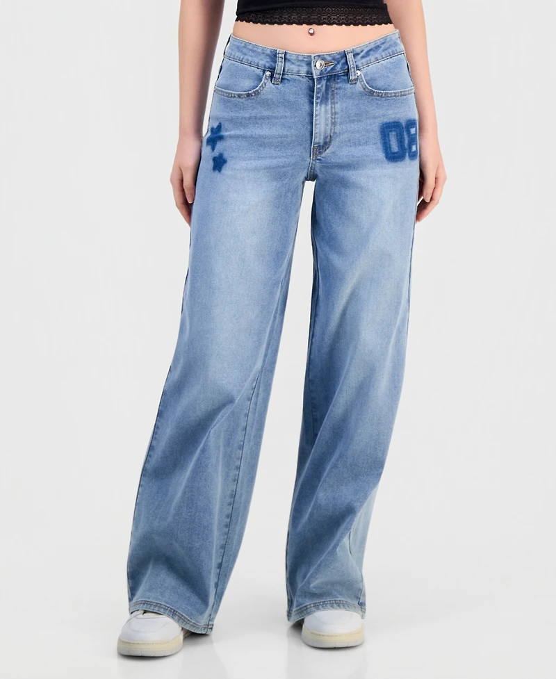 Madden Girl Juniors' 90s Wide-Leg Faded Star Jeans