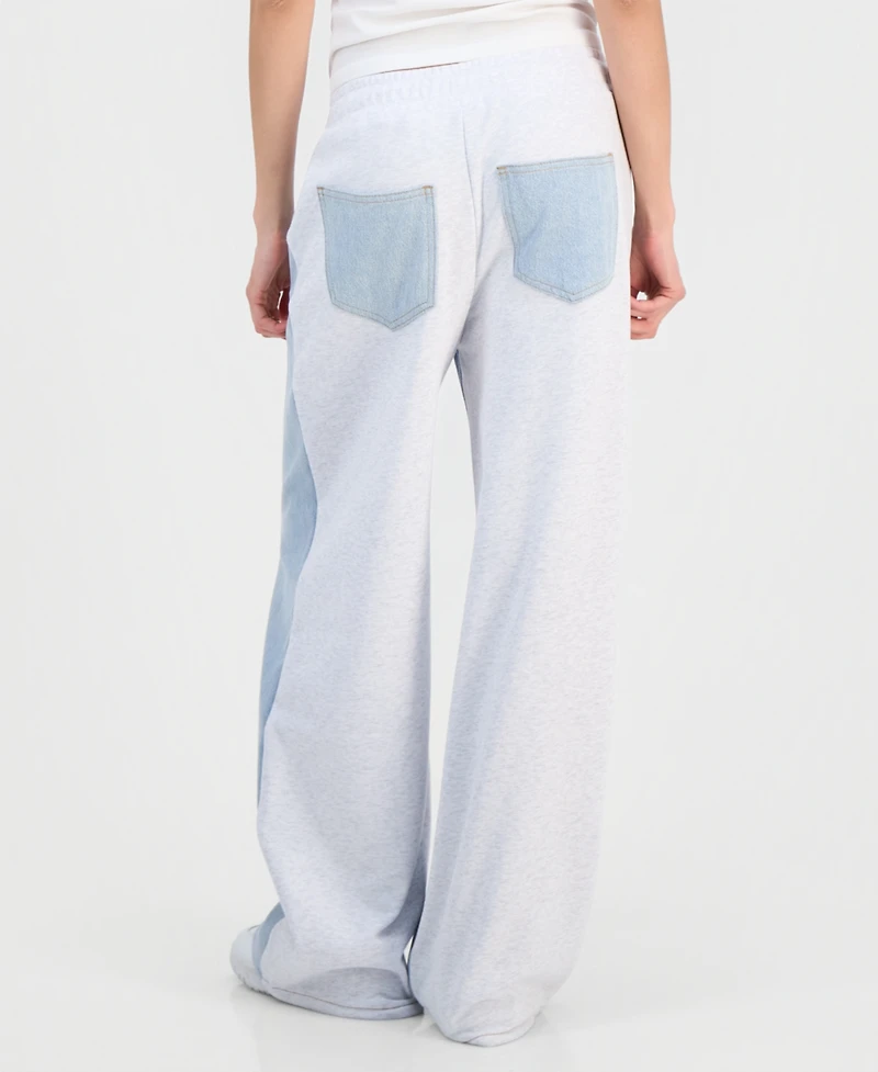 Madden Girl Juniors' Mixed-Media Wide-Leg Sweatpant Jeans