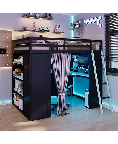 Streamdale Furniture Full Size Wood Loft Bed with Wardrobe, Shelves, Curtains and Lights