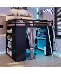 Streamdale Furniture Full Size Wood Loft Bed with Wardrobe, Shelves, Curtains and Lights