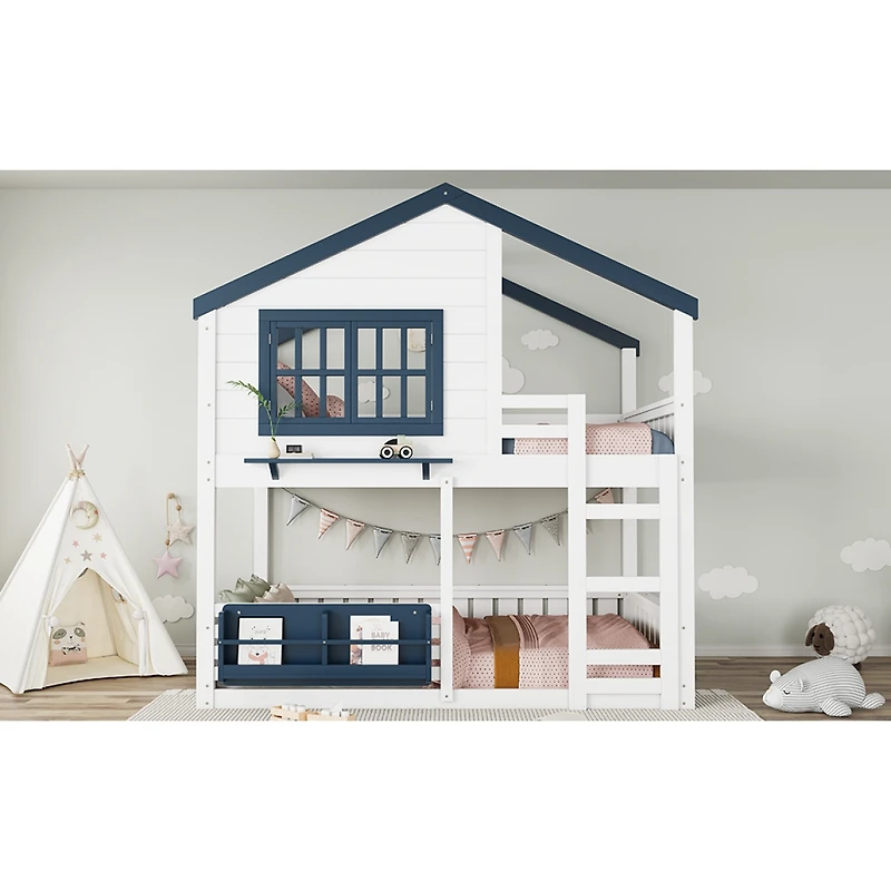 Streamdale Furniture Full Size House Bunk Bed with Bookshelf and Safety Fencing