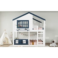Streamdale Furniture Full Size House Bunk Bed with Bookshelf and Safety Fencing