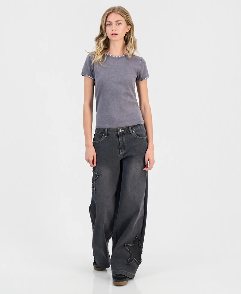 Madden Girl Juniors' Star Patch High Rise Wide Leg Jeans