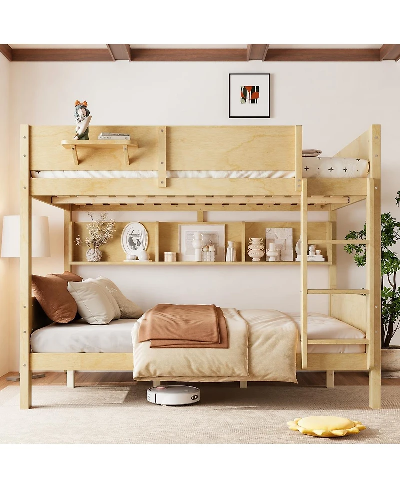 Streamdale Furniture Queen over Queen Solid Wood Bunk Bed with Storage Shelves