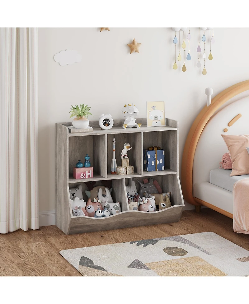 homfan Kids Toy and Book Storage Organizer with Open Compartments and Tiltable Bins, Two-Tier Bookshelf with Anti-Tip Safety, Easy Assembly