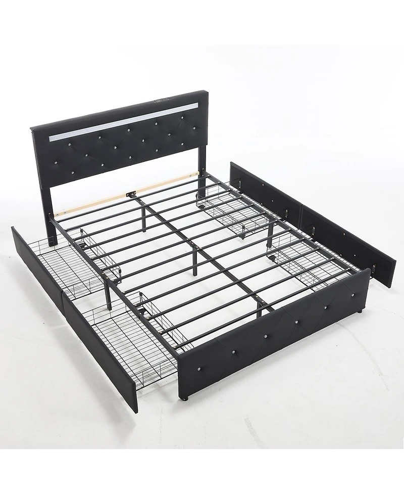 Streamdale Furniture Bed Frame with Led Lights, 4 Storage Drawers and Charging Station