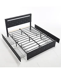 Streamdale Furniture Bed Frame with Led Lights, 4 Storage Drawers and Charging Station