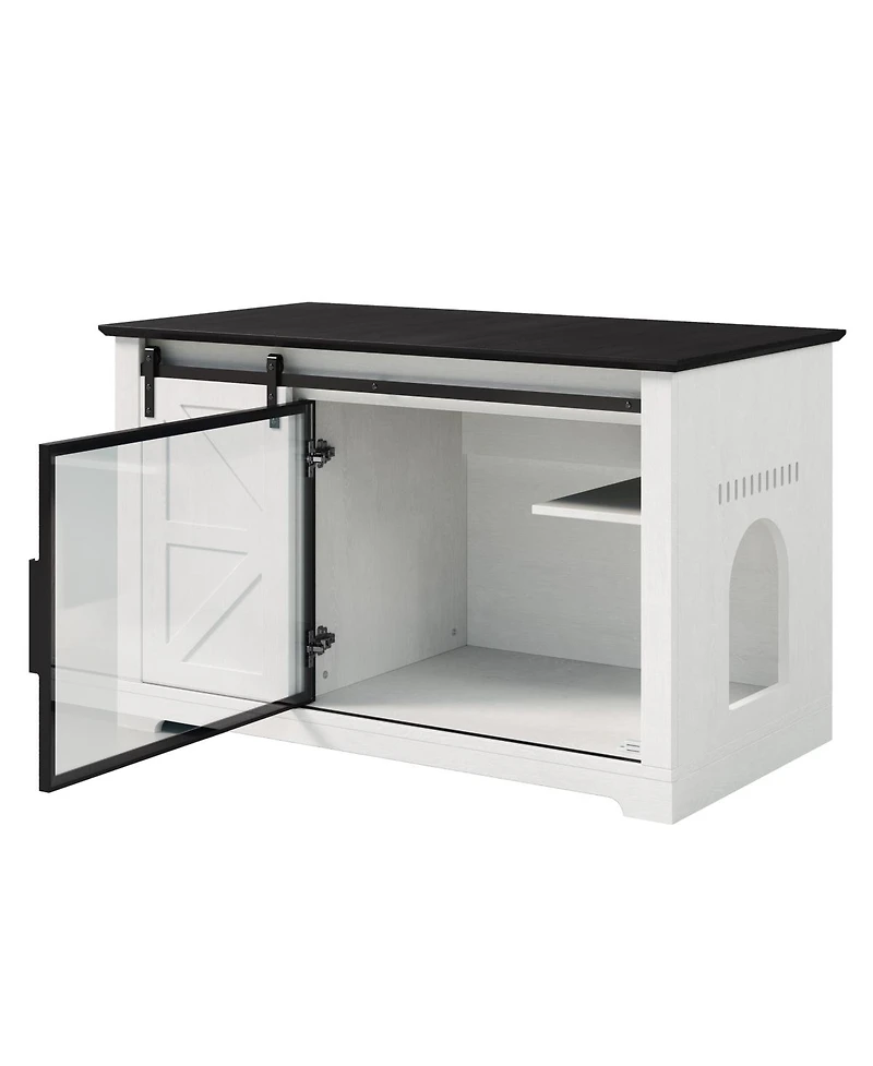 Streamdale Furniture 46" Farmhouse Cat Litter Box Enclosure with Sliding Barn Door and Led Light