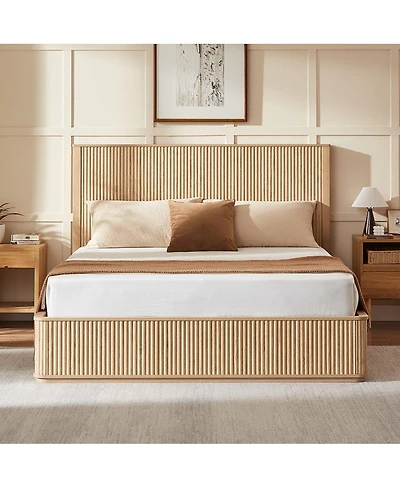 Streamdale Furniture Wavy Wood Grain Platform Bed Frame, 44" High Headboard