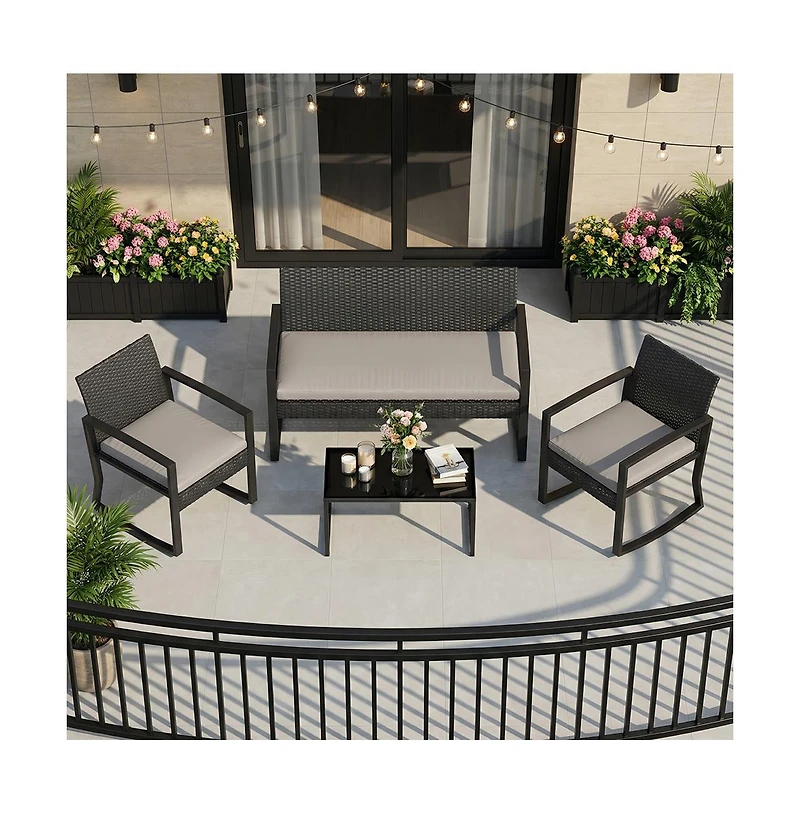 homfan 4 Piece Patio Furniture Set, Pe Rattan Outdoor Rocking Chair Conversation Set with Coffee Table, Wicker Table and Chairs
