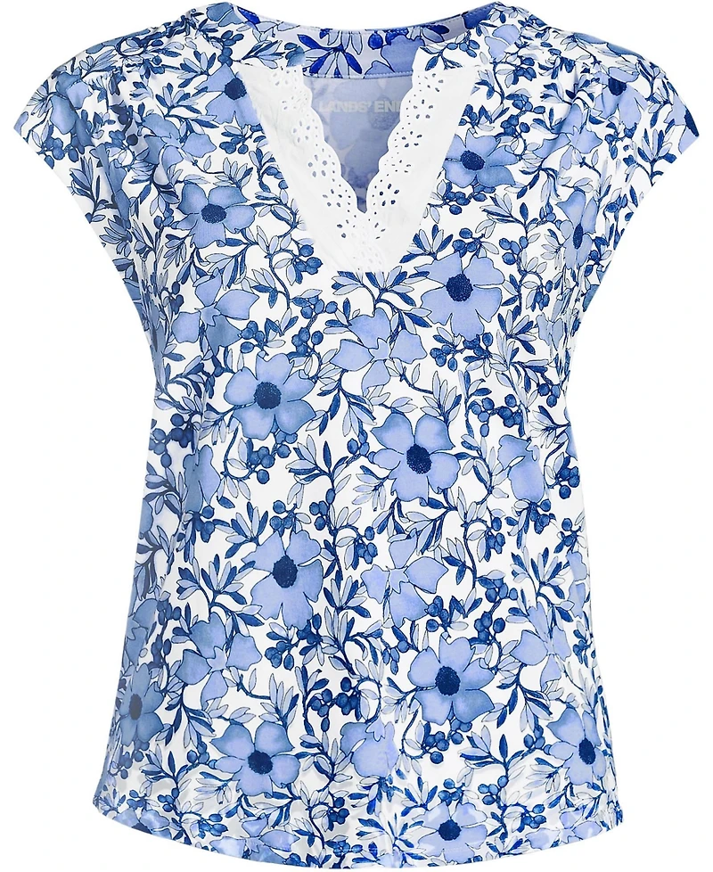 Lands' End Plus Cap Sleeve Lightweight Jersey Lace Shoulder Tee