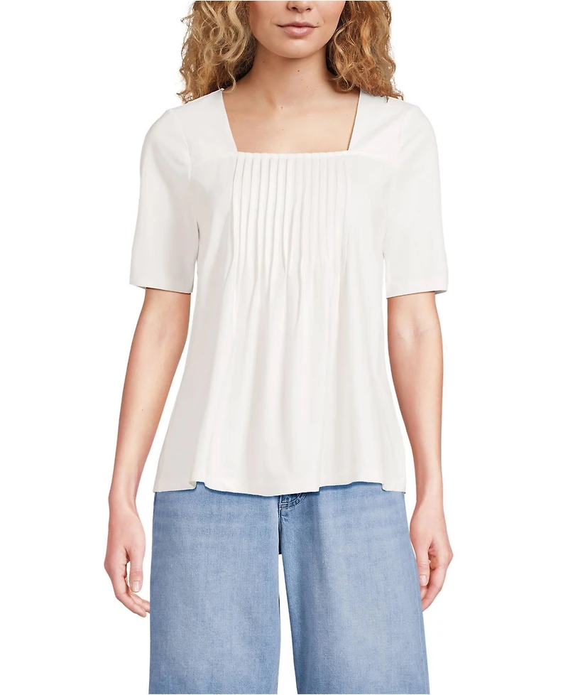 Lands' End Women's Elbow Sleeve Lightweight Jersey Pintuck Square Neck Top