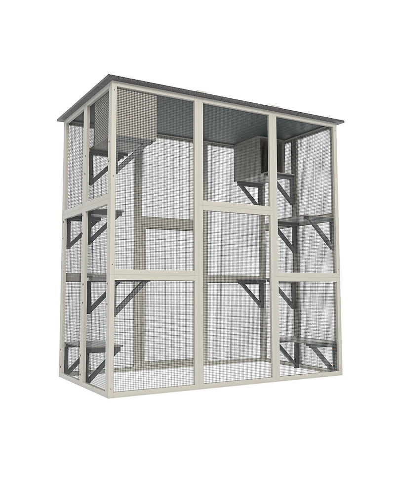 Streamdale Furniture Large Wooden Outdoor Catio with Asphalt Roof, 6 Platforms and 2 Napping Boxes