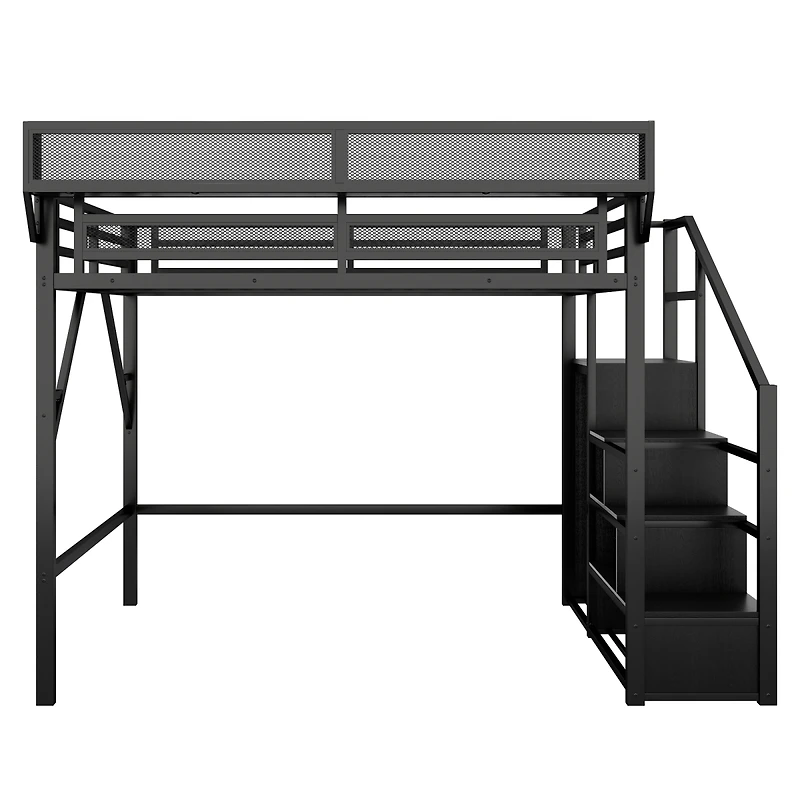 Streamdale Furniture Metal Loft Bed with Stairs, Storage Shelves, and Wardrobe