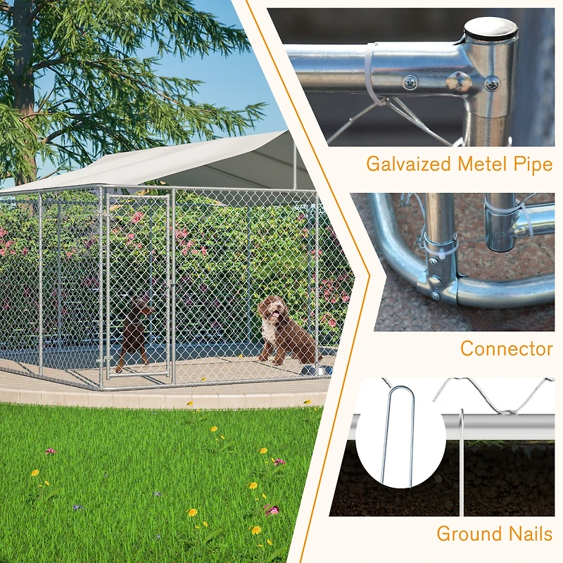 Streamdale Furniture Heavy Duty 14.8x14.8ft Galvanized Chain Link Dog Kennel with Waterproof Cover