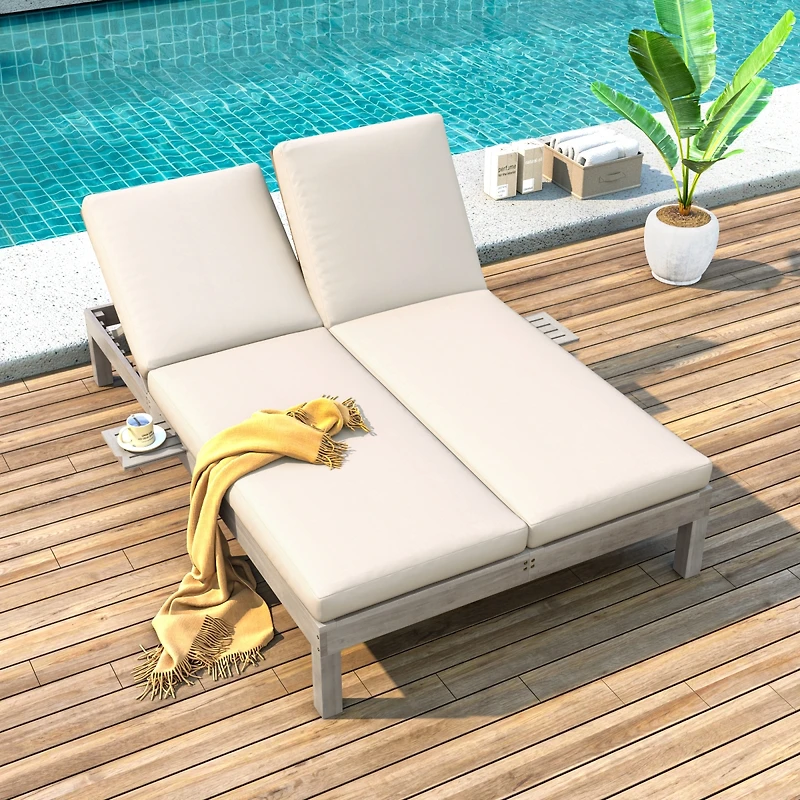 Streamdale Furniture 5-Position Adjustable Double Outdoor Chaise Lounge with Cushions and Side Trays