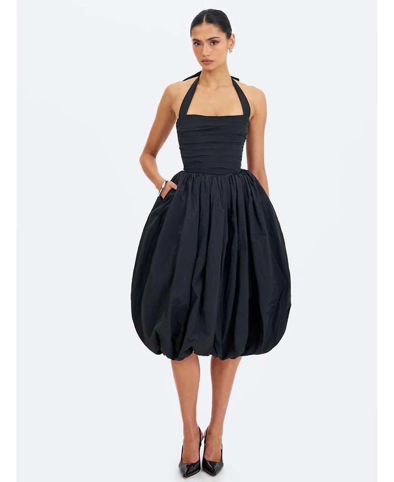 Miss Circle Women's Veradis Black Taffeta Halter Bubble-Hem Midi Dress