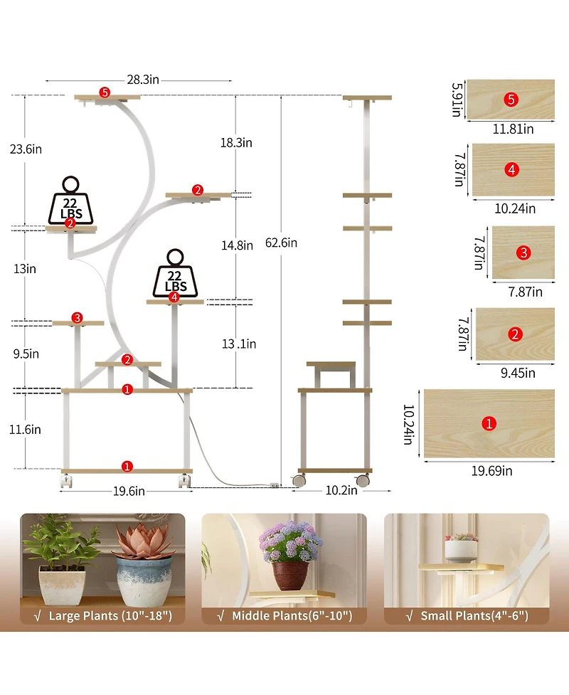 Streamdale Furniture 62 inch Tall S-Shape 8-Tier Indoor Plant Stand with Grow Lights