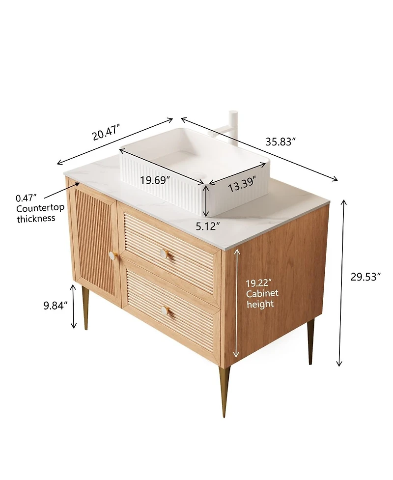 Sillysis Modern Bathroom Vanity with Rectangular Ceramic Sink, Oak Striped Texture, 2 Drawers and 1 Door