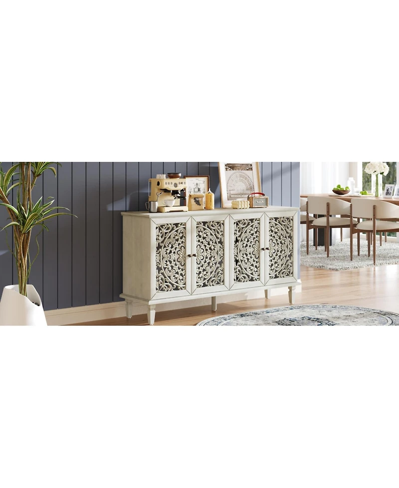 Streamdale Furniture 60inch Antique Buffet Cabinet - Floral Carvings, Adjustable Shelves