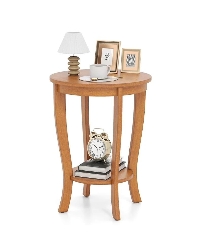 Sugift 2-tier Round End Table with Solid Wood Legs