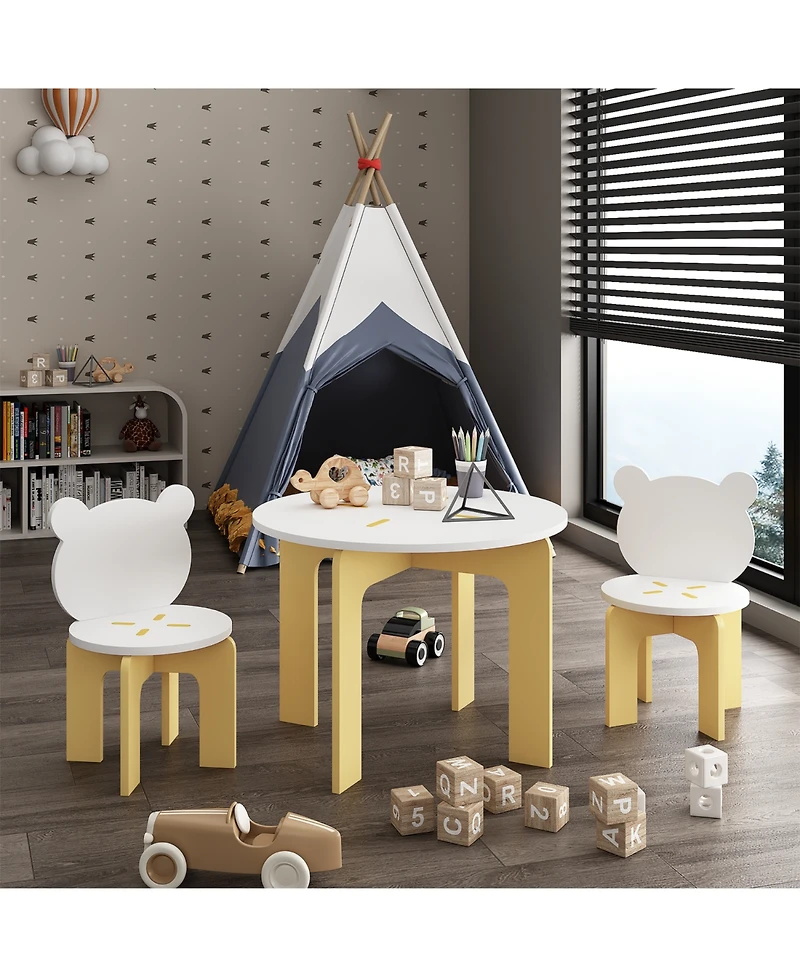 Rainsken 3 Piece Wood Table and Chair Set, with 2 Bear-Back Chairs, Wood Activity Table Drawing Play Table Set, for Drawing, Snacks