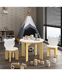 Rainsken 3 Piece Wood Table and Chair Set, with 2 Bear-Back Chairs, Wood Activity Table Drawing Play Table Set, for Drawing, Snacks