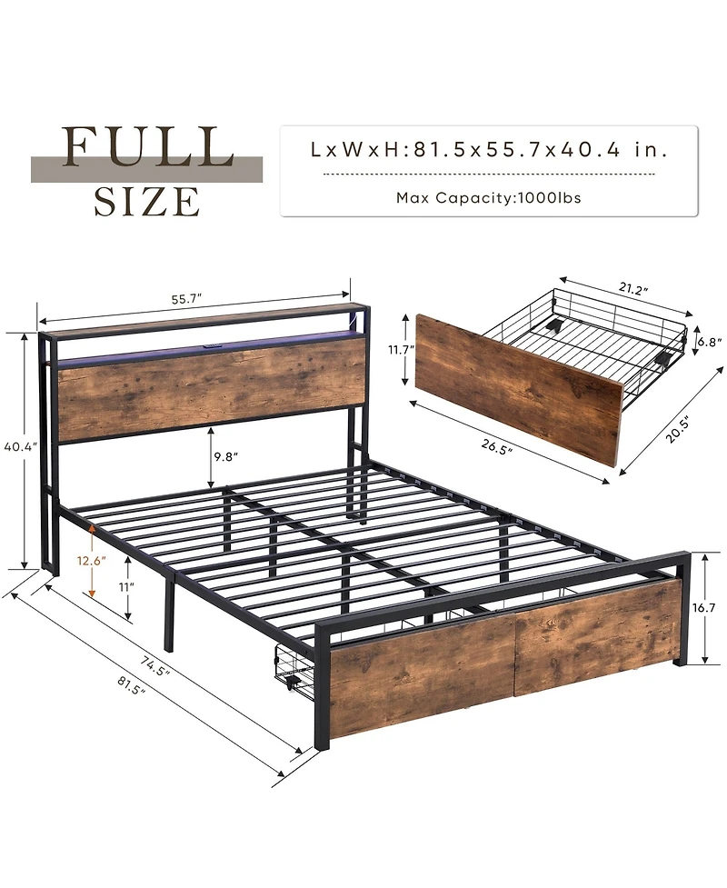 Boyel Living Full Size Industrial Bed Frame with Storage Headboard Led Lights Charging Station and 2 Underbed Drawers
