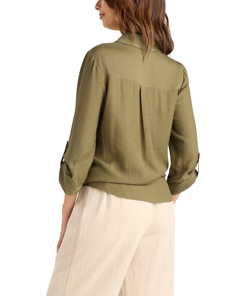 Bcx Women's Texture Gauze Collared Button-Front Top