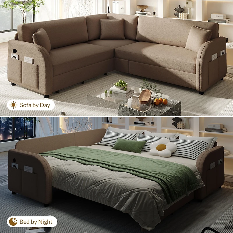 Streamdale Furniture L-Shaped Sofa Bed with Usb, Teddy Upholstered Sectional