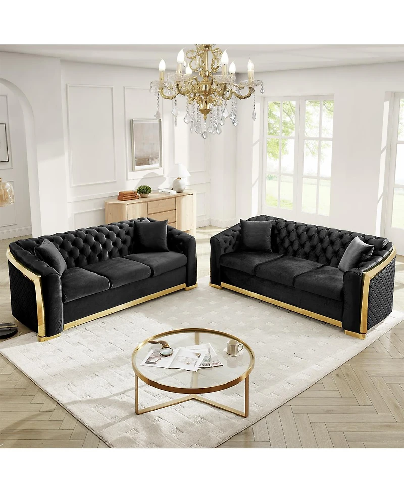 Streamdale Furniture Velvet Tufted Luxury Sofa with Gold Accents