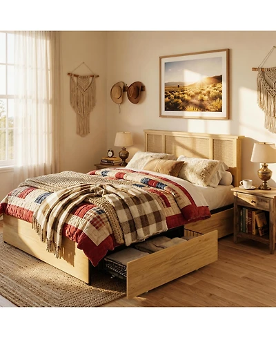 homfan Rattan Bed with Headboard, Bed Frame with Led Lights and 4 Storage Drawers, Wood Foundation with Silent Slats
