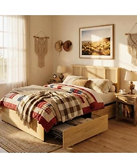 homfan Rattan Bed with Headboard, Bed Frame with Led Lights and 4 Storage Drawers, Wood Foundation with Silent Slats