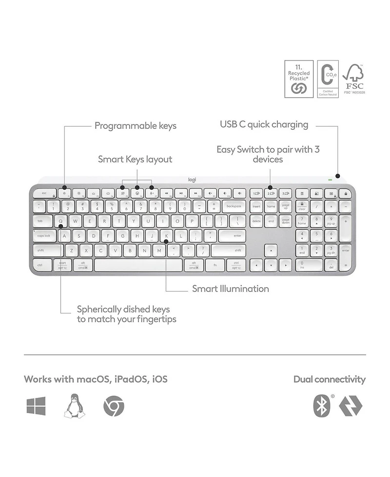 Logitech Mx Keys Full Size Scissor Keyboard for Pc and Mac - Pale Grey
