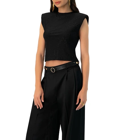 Ivonne Women's Padded-Shoulder Cropped Rhinestone Top
