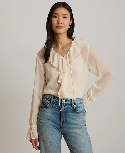 Lauren Ralph Women's Ruffle-Trim V-Neck Blouse
