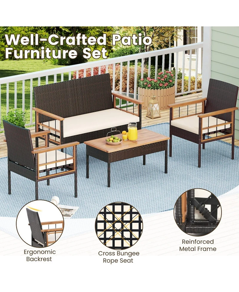 Sugift Wicker Furniture Set with Acacia Wood Tabletop and Armrests for Porch