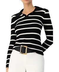 Ivonne Women's Knitted Striped Long Sleeve Polo