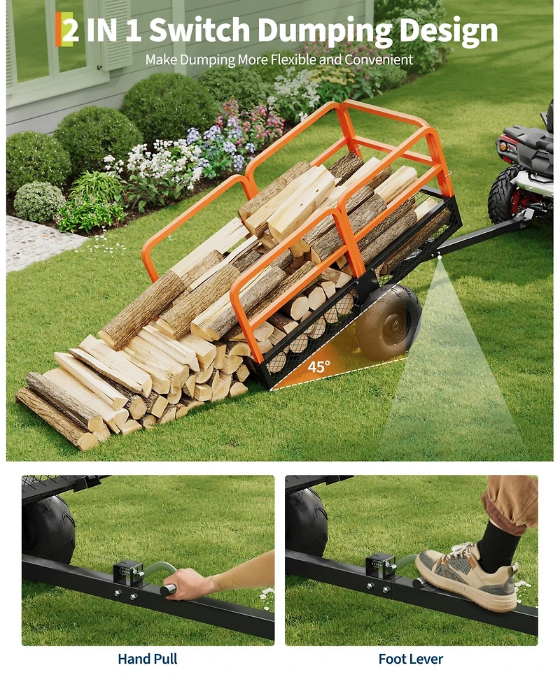 homfan Heavy-Duty Atv Dump Cart w/ 1600 lb Capacity and , Tow-Behind Utility Trailer Foot Pedal Release and All-Terrain Tires