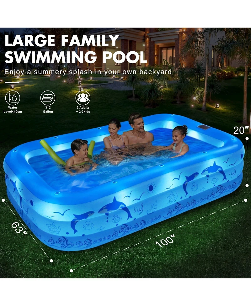 Gnuadz Inflatable Pool With Lights Family Swimming Backyard