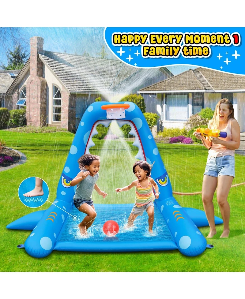 Gnuadz 110" Inflatable Shark Splash Pad With Basketball Hoop Outdoor Water Toy