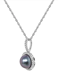 Macy's Cultured Tahitian Pearl (8mm) & Diamond (1/8 ct. t.w.) Pendant Necklace in 14k White Gold