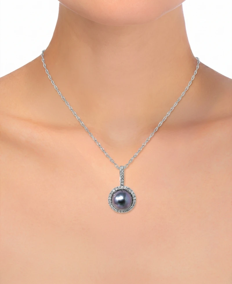 Macy's Cultured Tahitian Pearl (8mm) & Diamond (1/8 ct. t.w.) Pendant Necklace in 14k White Gold