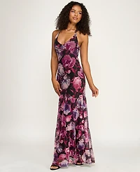 Emerald Sundae Juniors' Printed Mesh Halter Dress