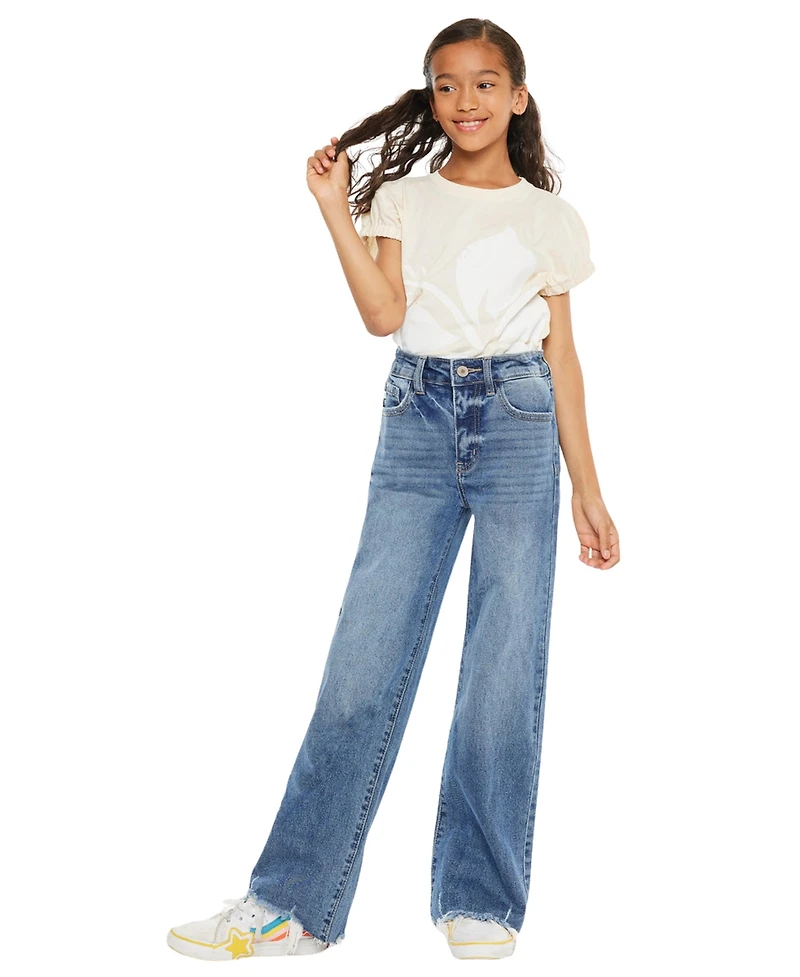 KanCan Girl's Kitty High Rise Slim Wide Leg Hem Detail Jeans