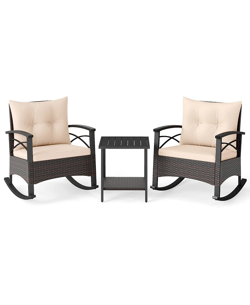 Sugift 3 Piece Rocking Bistro Set Pe Rattan Rocker Chairs with Acacia Wood Top Table