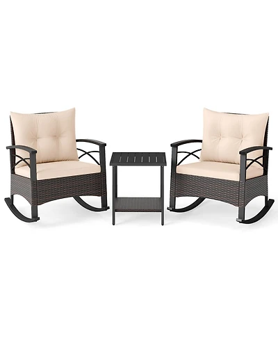 Sugift 3 Piece Rocking Bistro Set Pe Rattan Rocker Chairs with Acacia Wood Top Table