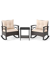 Sugift 3 Piece Rocking Bistro Set Pe Rattan Rocker Chairs with Acacia Wood Top Table