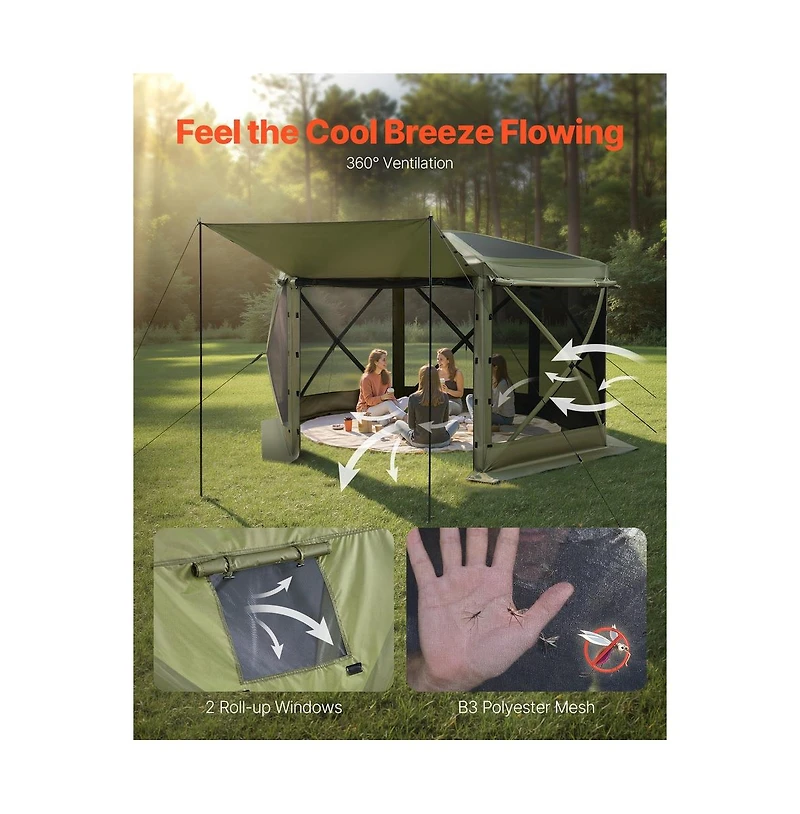 Sugift Pop up Gazebo Screen Tent 12 x 12 ft Large 6-Sided Camping Canopy Tent with Removable Top